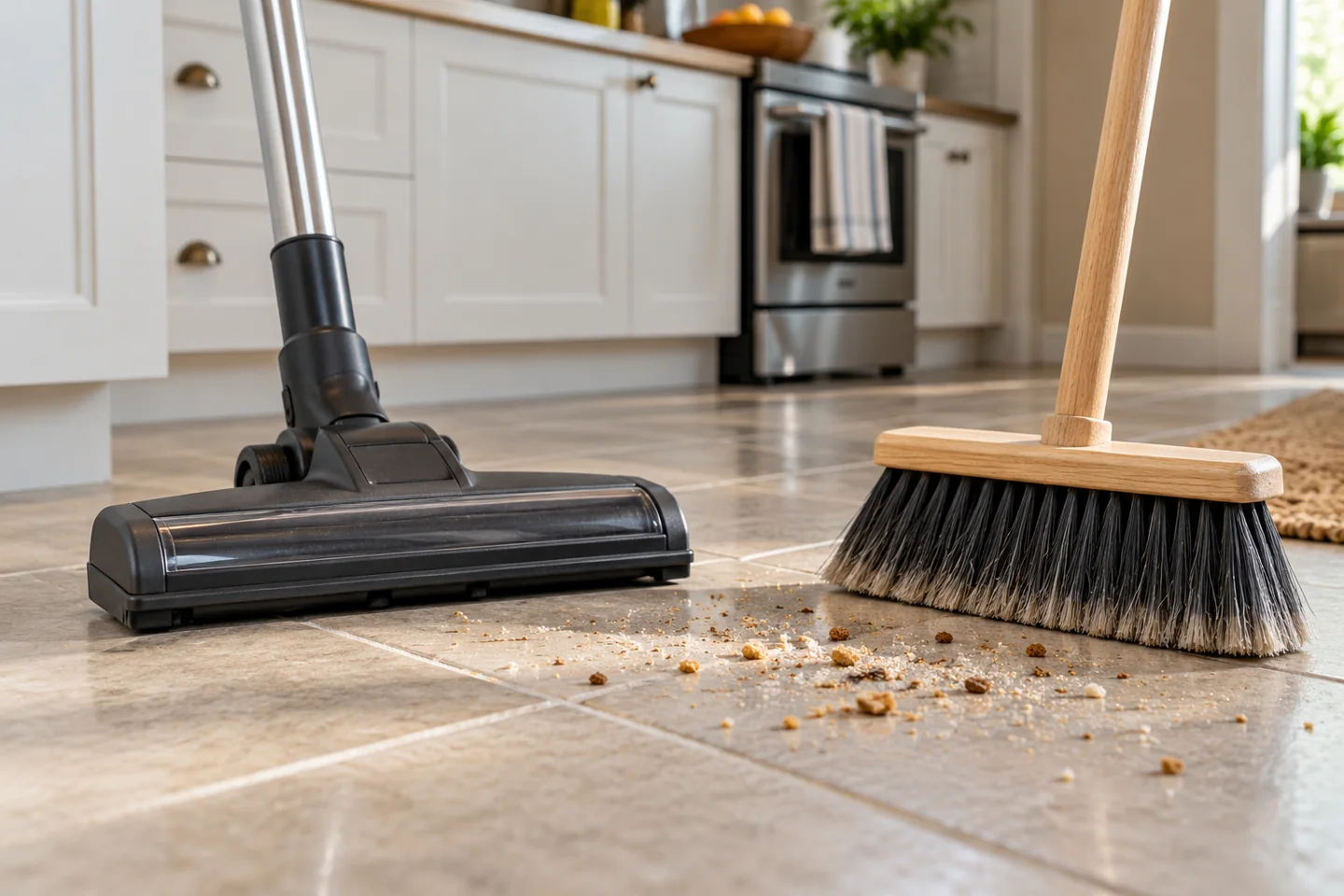 A vacuum floorhead and a broom side by side at the edge of a tiled kitchen floor with a few dry crumbs.