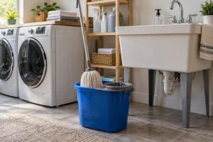 A mop bucket next to a utility sink in a laundry room.