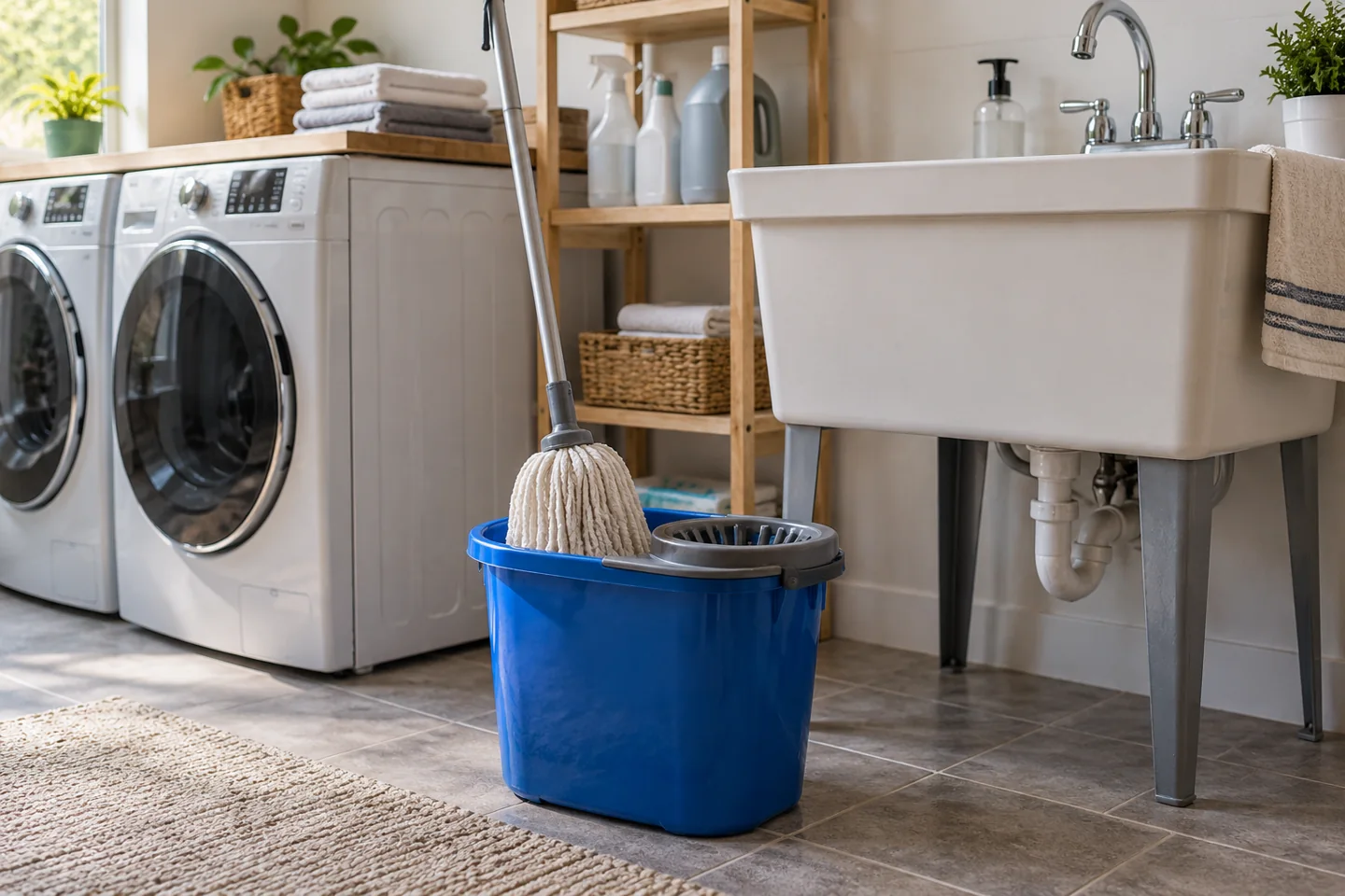 A mop bucket next to a utility sink in a laundry room.