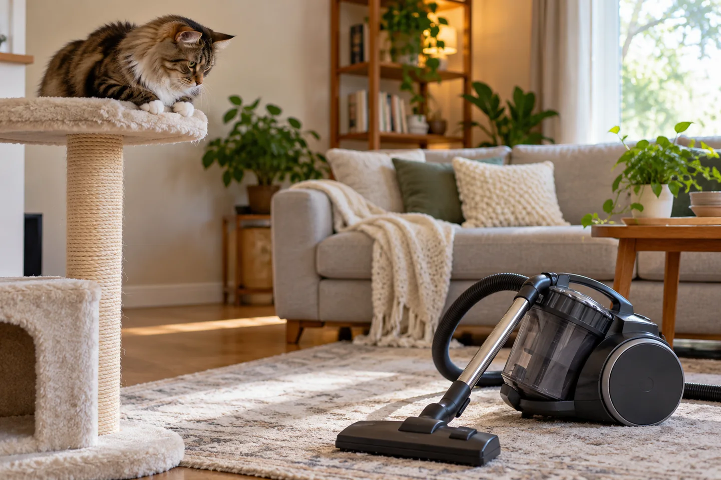 A calm cat on a high perch observing a switched-off vacuum across a comfortable living room.
