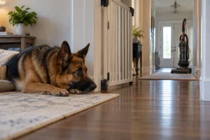 A German Shepherd resting behind an open baby gate in a quiet room while a switched-off upright vacuum stands far away in the hall.