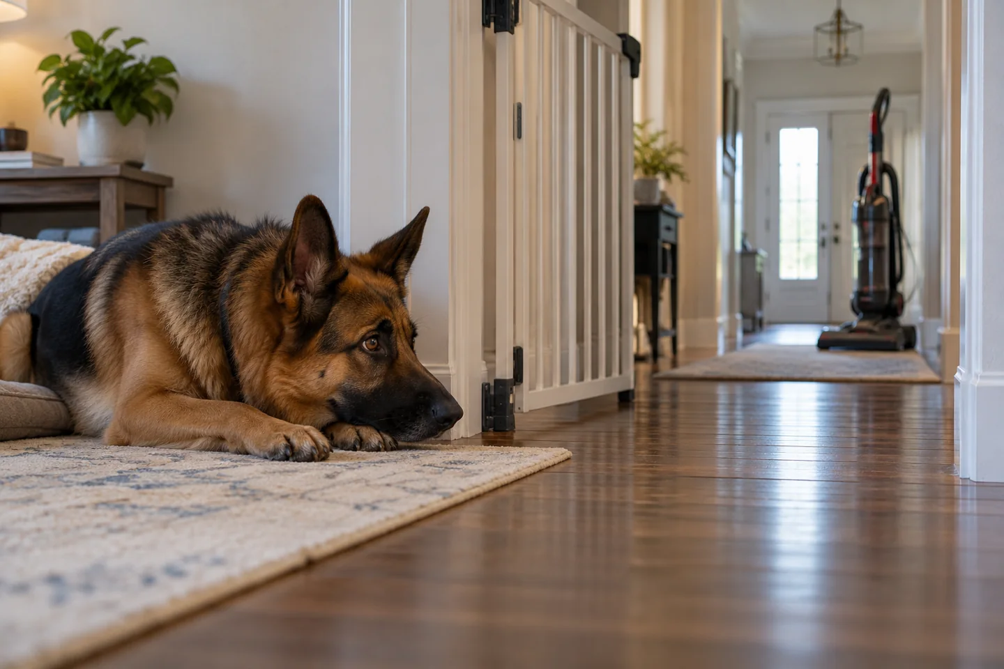 A German Shepherd resting behind an open baby gate in a quiet room while a switched-off upright vacuum stands far away in the hall.
