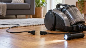 An unplugged vacuum and separated power cord lying on a dry floor beside an inspection flashlight.