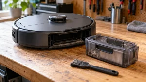 A robot vacuum switched off on a workbench with its dustbin removed and a soft cleaning brush nearby.