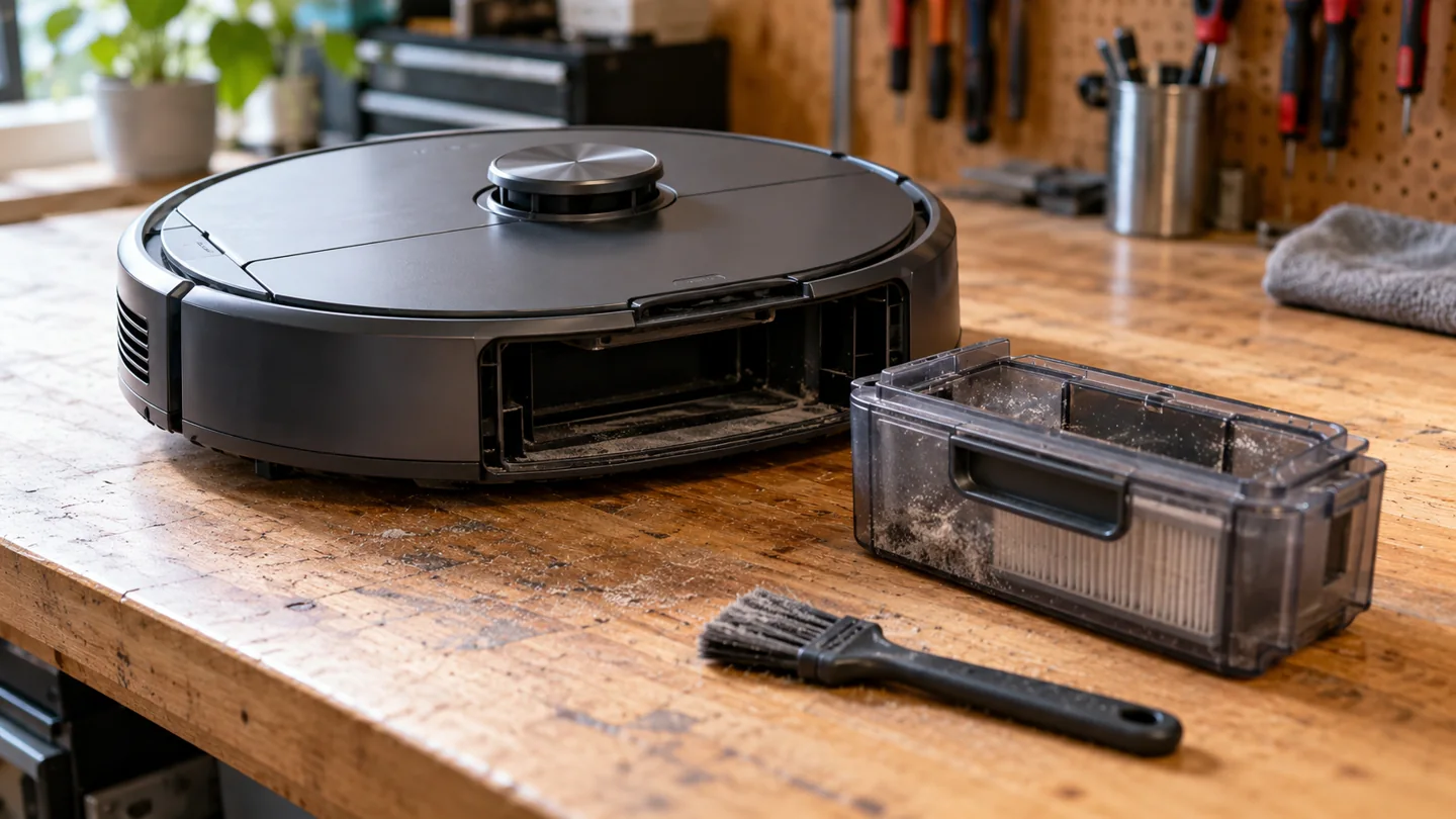 A robot vacuum switched off on a workbench with its dustbin removed and a soft cleaning brush nearby.