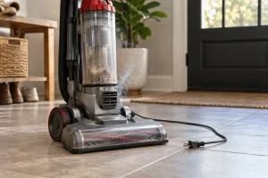 An unplugged upright vacuum standing on tile, disconnected plug clearly visible beside it, a faint residual wisp of smoke near housing.