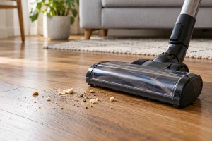A stationary vacuum floorhead beside a few crumbs and debris on a wood floor.