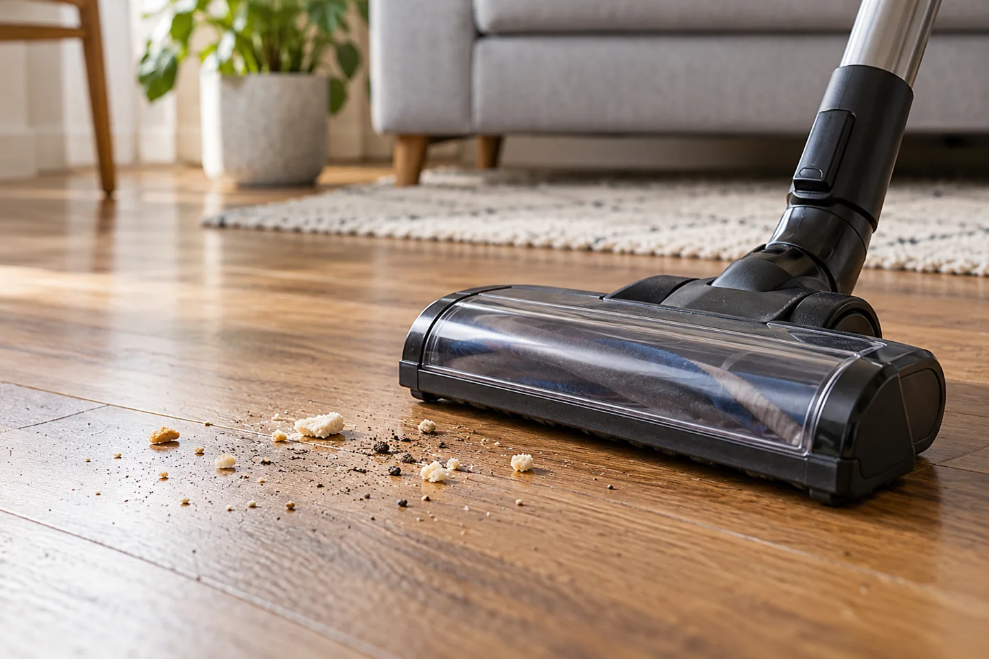 A stationary vacuum floorhead beside a few crumbs and debris on a wood floor.