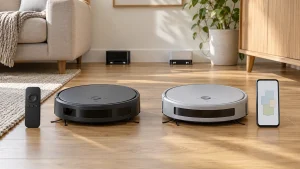 Two robot vacuums with a physical remote and a smartphone showing an illustrative floor plan.