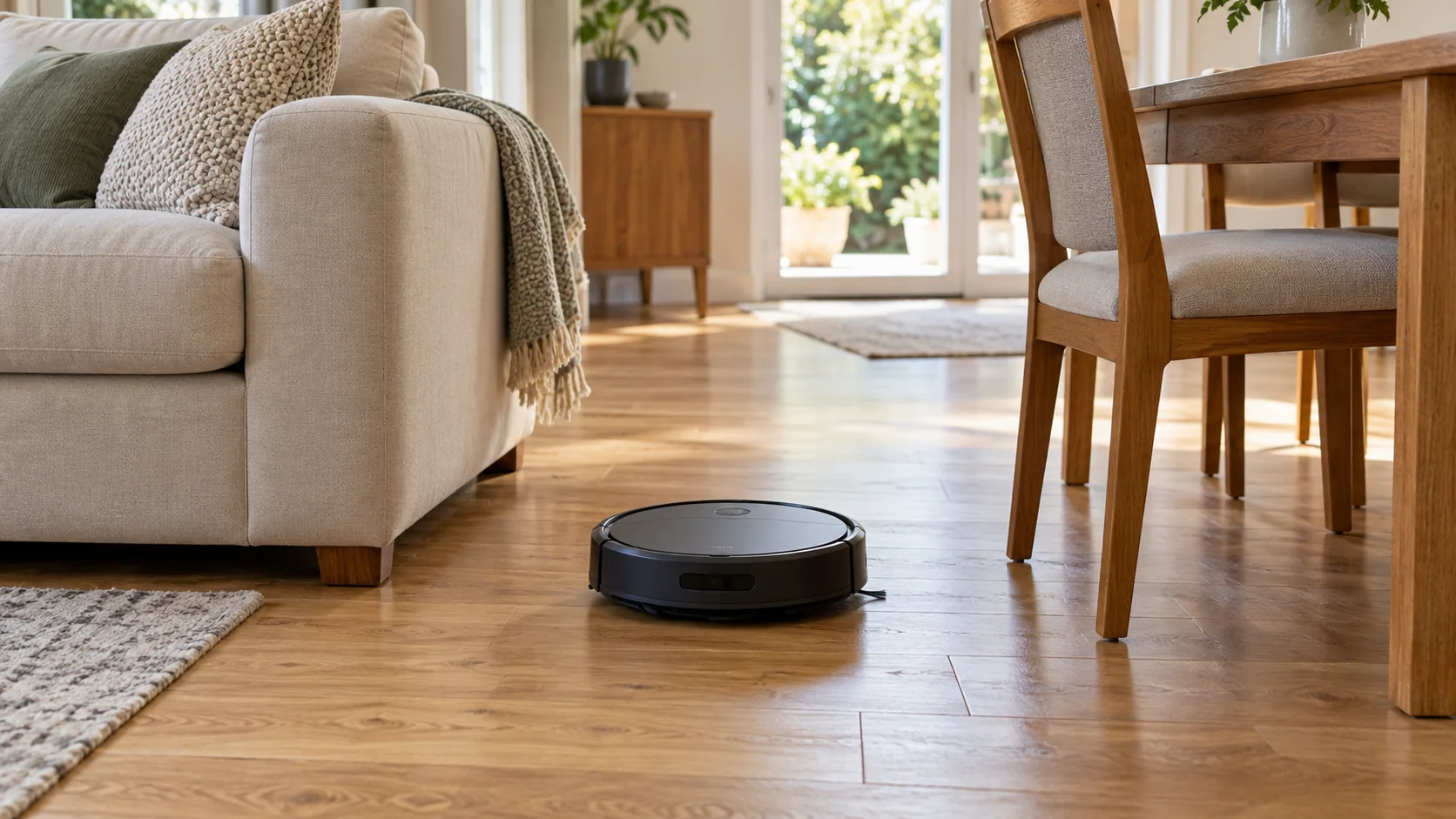 A robot vacuum on an accessible floor between a sofa and dining furniture.