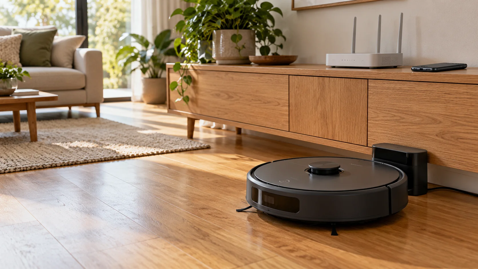A robot vacuum at its charging dock with a home router and a phone resting nearby.