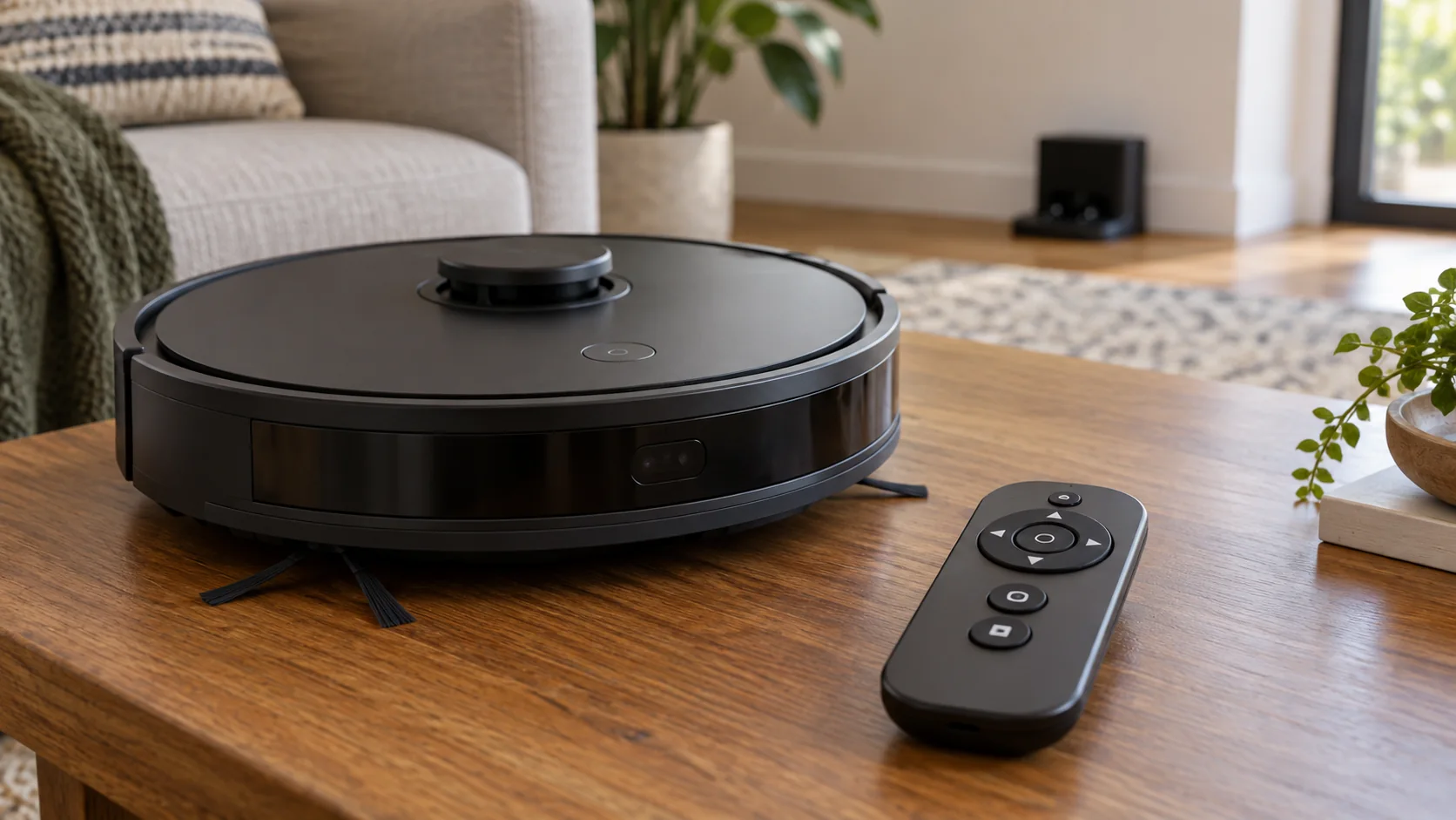 A robot vacuum beside a physical remote with simple directional buttons.